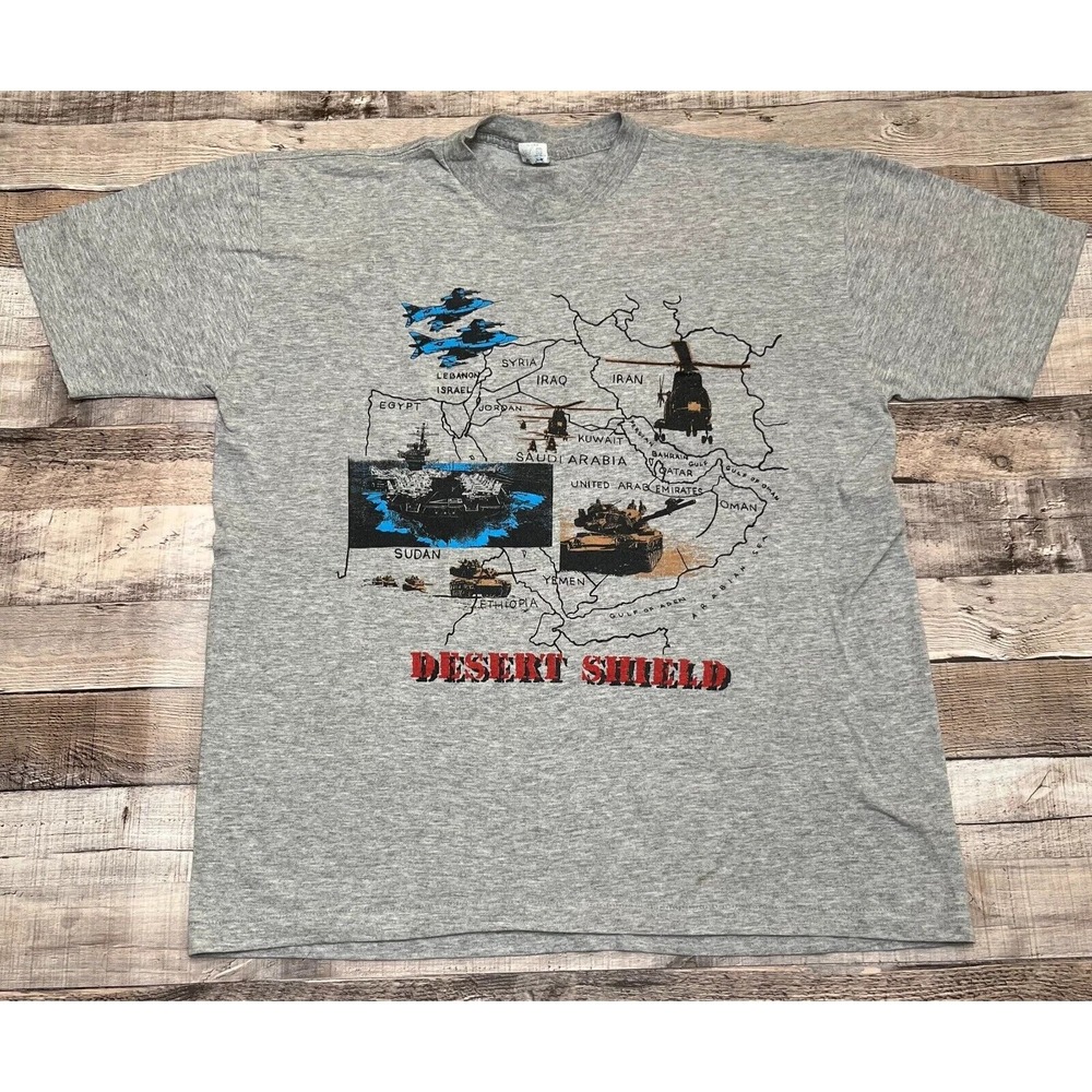 Desert Shield Shirt Large Gray Vintage Military Blueprint Maps Tanks Middle East